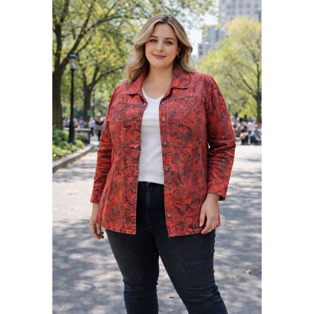Chico’s Size 3 Red Black Abstract Print Button Front Jacket Blazer